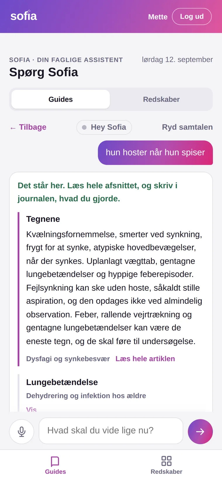 Sofias svar på »hun hoster når hun spiser«: afsnittet Tegnene fra artiklen Dysfagi og synkebesvær, med link til hele artiklen.